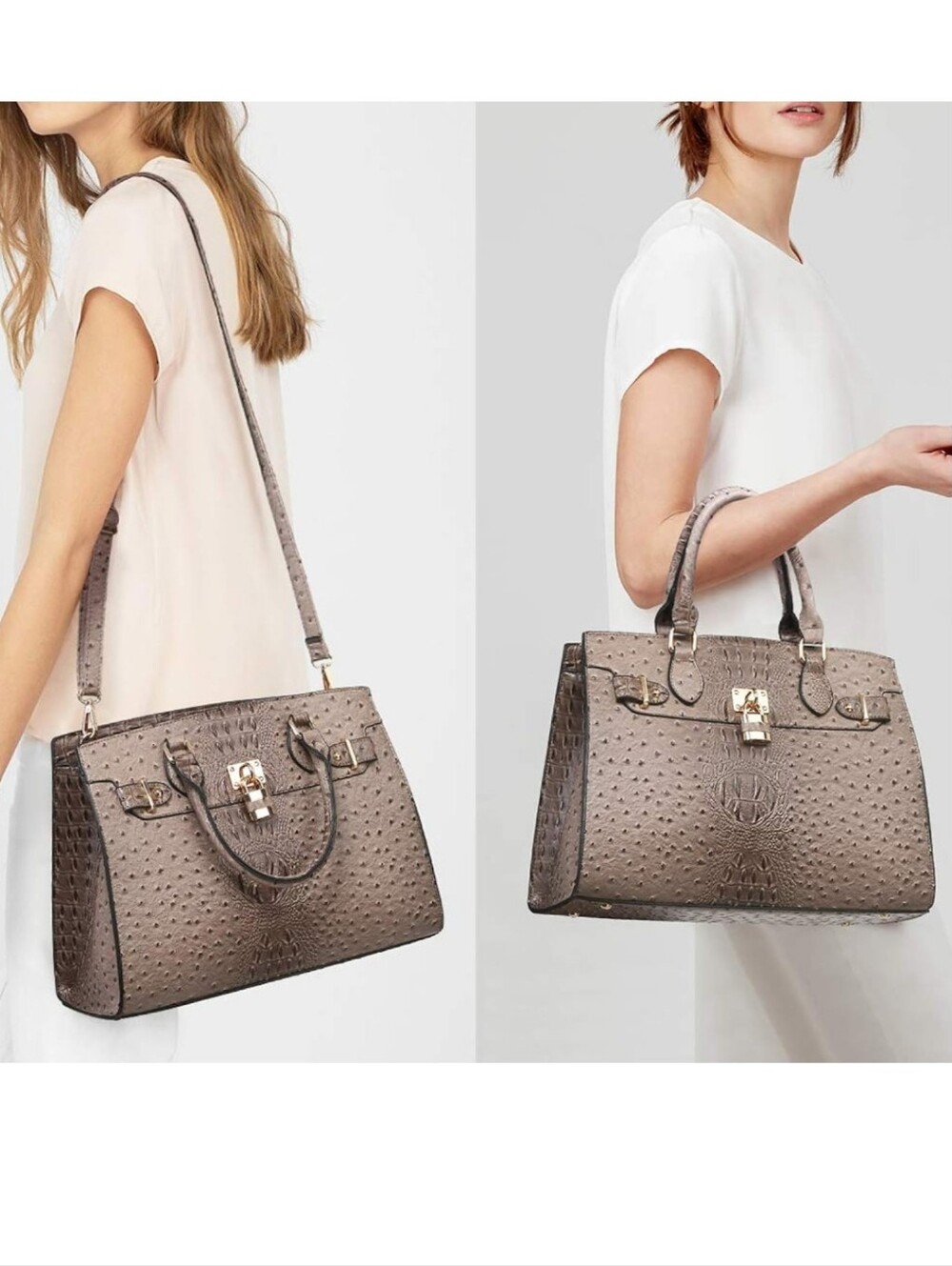 Dasein Top Handle Satchel Tote- ostrich Khaki With Rolled Handles